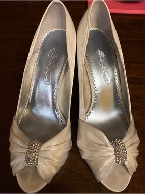 Michelle D Ivory Satin Peep-Toe Heels with Rhinestone Buckle